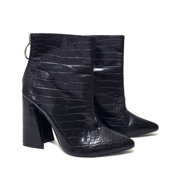 Fashion Nova | Cheryl Patent Leather Textured Reptile Chunky Heel Booties - Picture 1 of 11